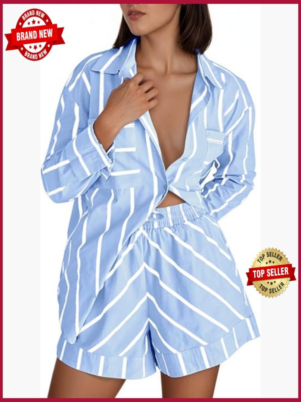 Striped 2 Piece Lounge Set Button Down Short Sleeve Pajamas